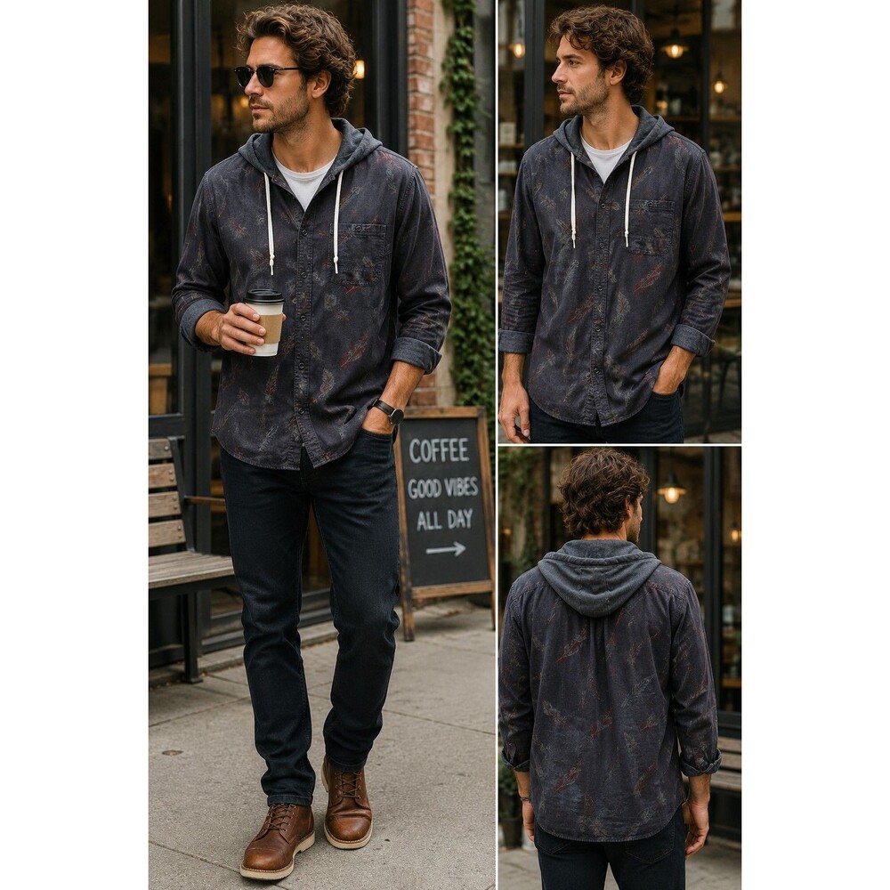 Modern Amusement Mens XL Hooded Button Shirt Feather Print Chambray Shacket